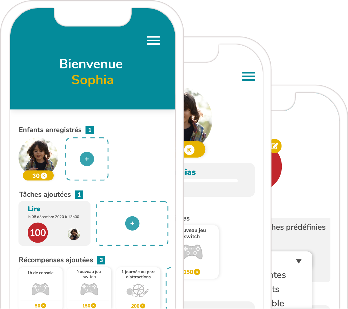 vue de 3 pages de l'application klin2win